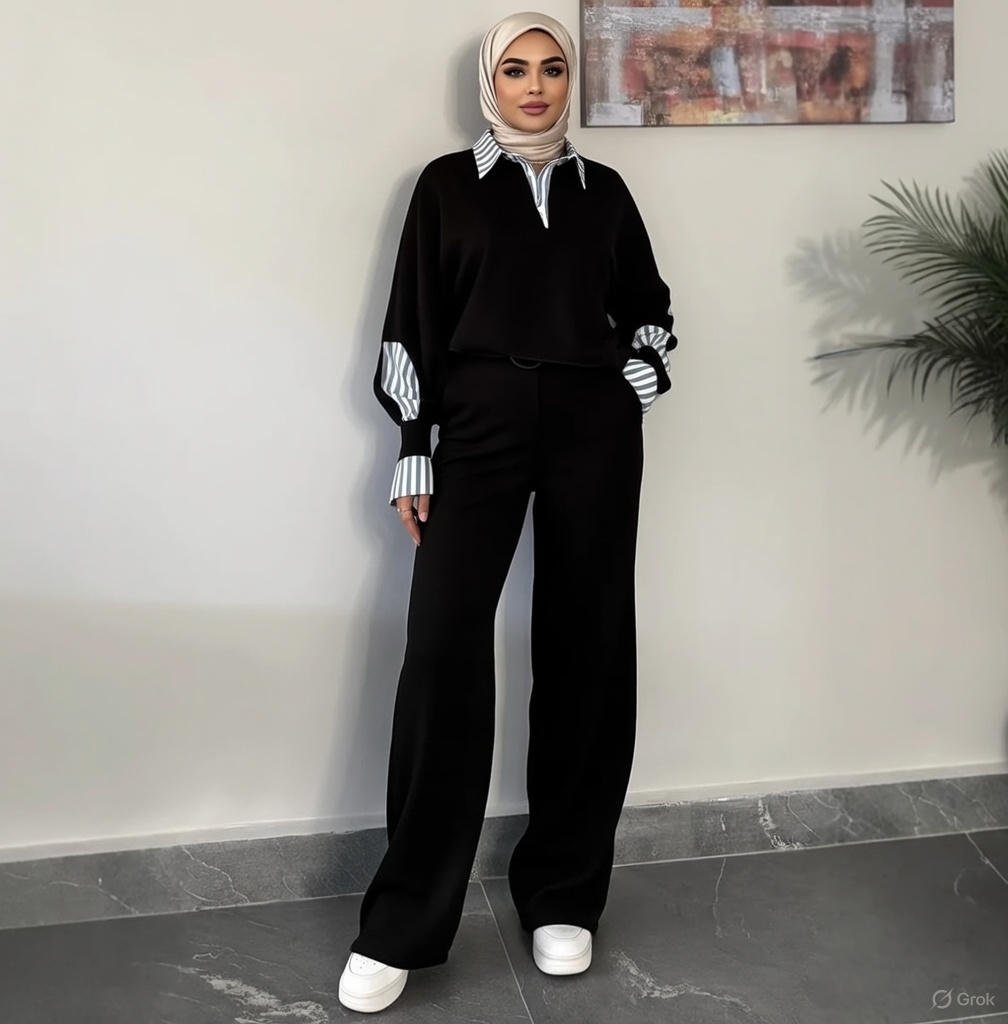 nurhaya elegantes zweiteiler set: langarm bluse mit reverskragen & relaxed fit hose nurhaya elegantes zweiteiler set: langarm bluse mit reverskragen & relaxed fit hose