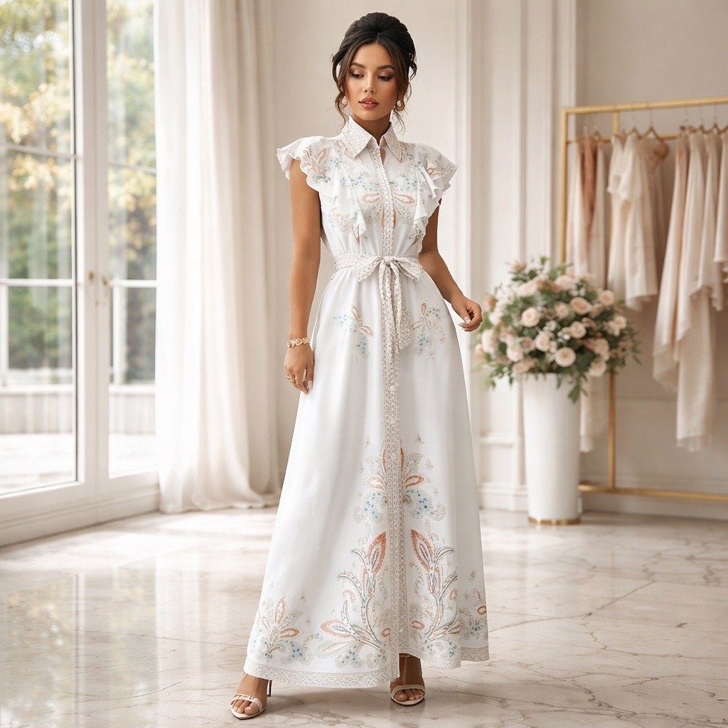 nurhaya retro druckkleid mit stehkragen und rüschensärmeln – elegantes damenkleid mit taillierter taille, knopfleiste und ausgestelltem rock nurhaya retro druckkleid mit stehkragen und rüschensärmeln – elegantes damenkleid mit taillierter taille, knopfleiste und ausgestelltem rock