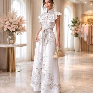 nurhaya retro druckkleid mit stehkragen und rüschensärmeln – elegantes damenkleid mit taillierter taille, knopfleiste und ausgestelltem rock