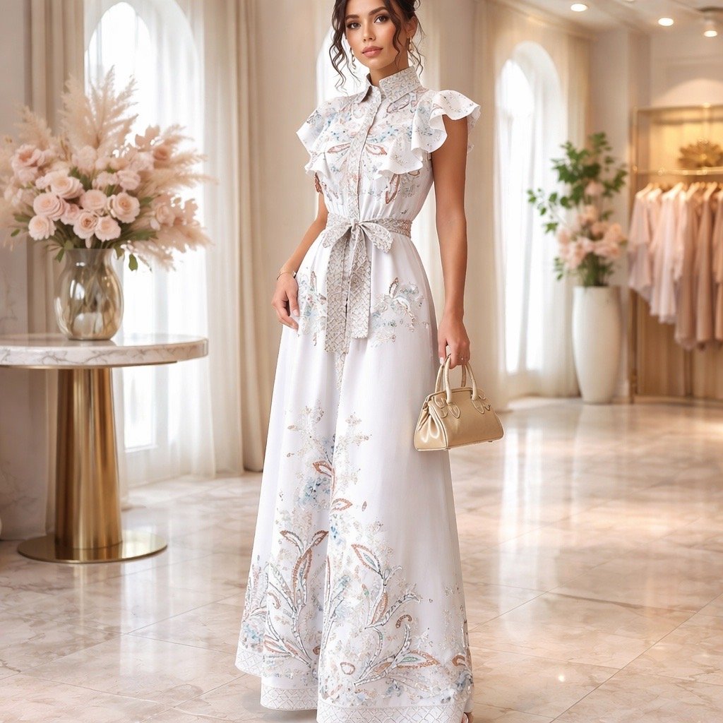 nurhaya retro druckkleid mit stehkragen und rüschensärmeln – elegantes damenkleid mit taillierter taille, knopfleiste und ausgestelltem rock nurhaya retro druckkleid mit stehkragen und rüschensärmeln – elegantes damenkleid mit taillierter taille, knopfleiste und ausgestelltem rock