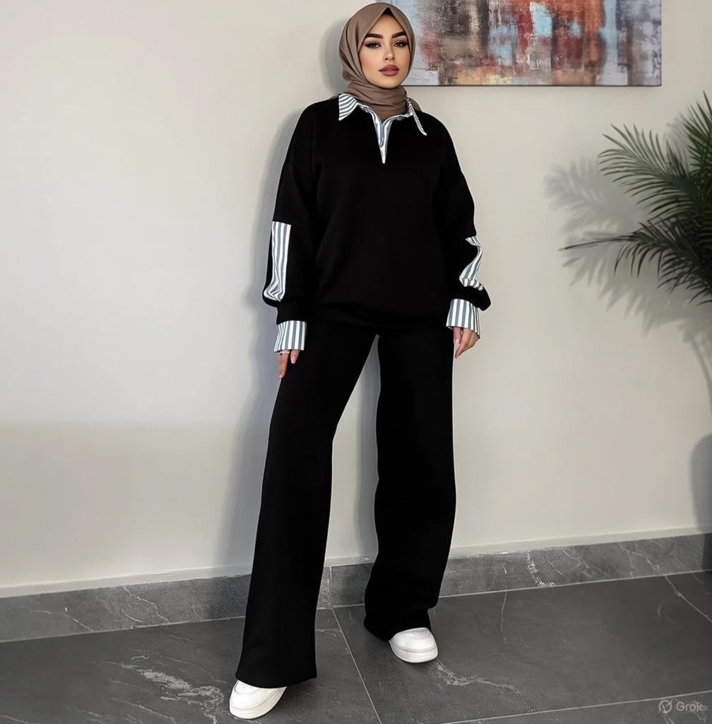 nurhaya elegantes zweiteiler set: langarm bluse mit reverskragen & relaxed fit hose nurhaya elegantes zweiteiler set: langarm bluse mit reverskragen & relaxed fit hose