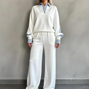 nurhaya elegantes zweiteiler set: langarm bluse mit reverskragen & relaxed fit hose