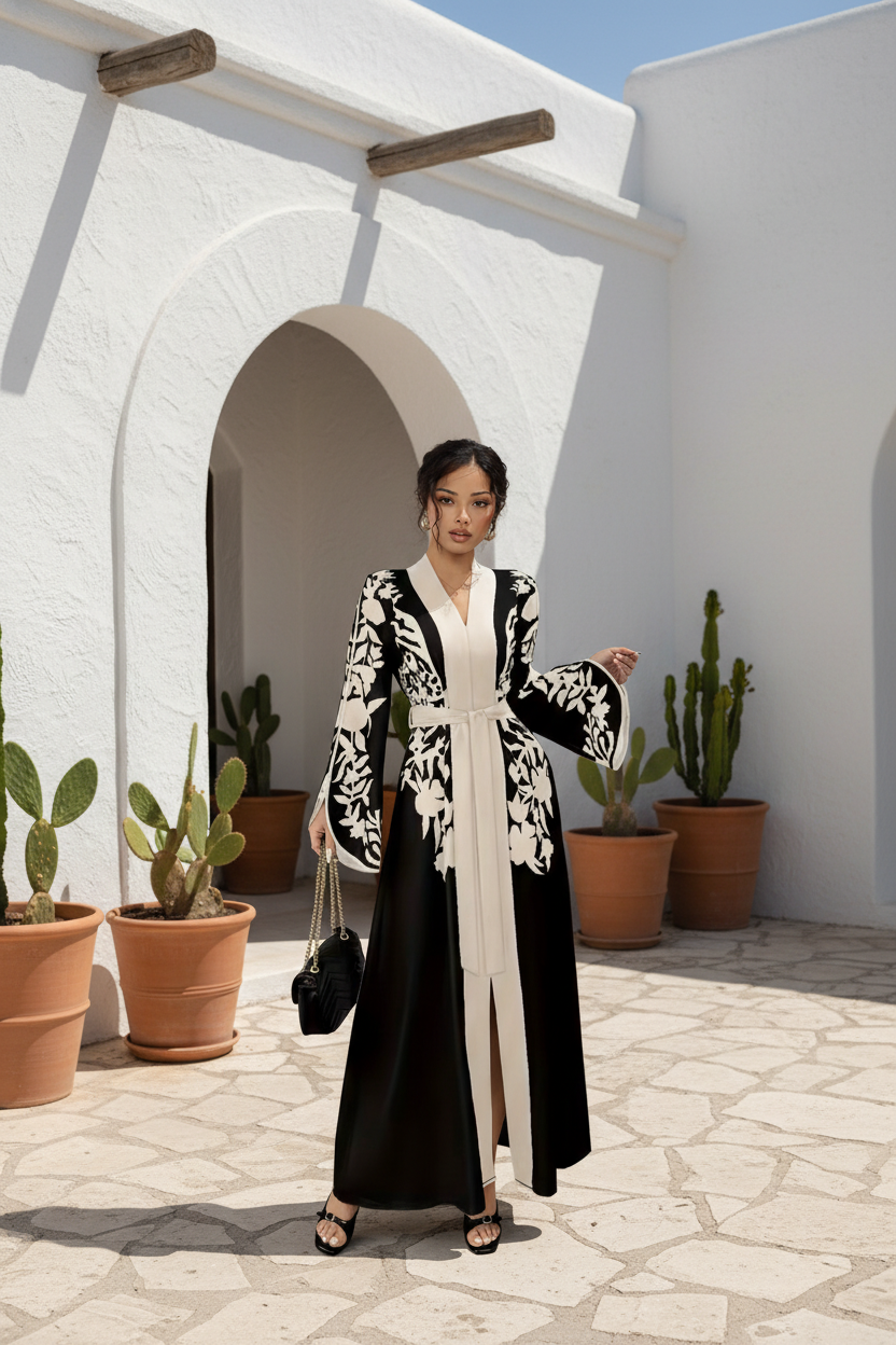 img_4110 elegantes floral maxi kleid mit v ausschnitt und langen Ärmeln – a linie mit verstellbarer taille und patchwork details in apricot, rot, blau, schwarz oder orange